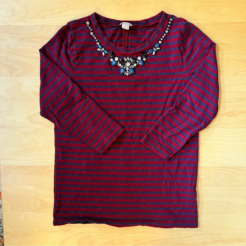 J Crew Jeweled Neckline Red & Navy Striped 3/4-Sleeve Shirt - Size Small
